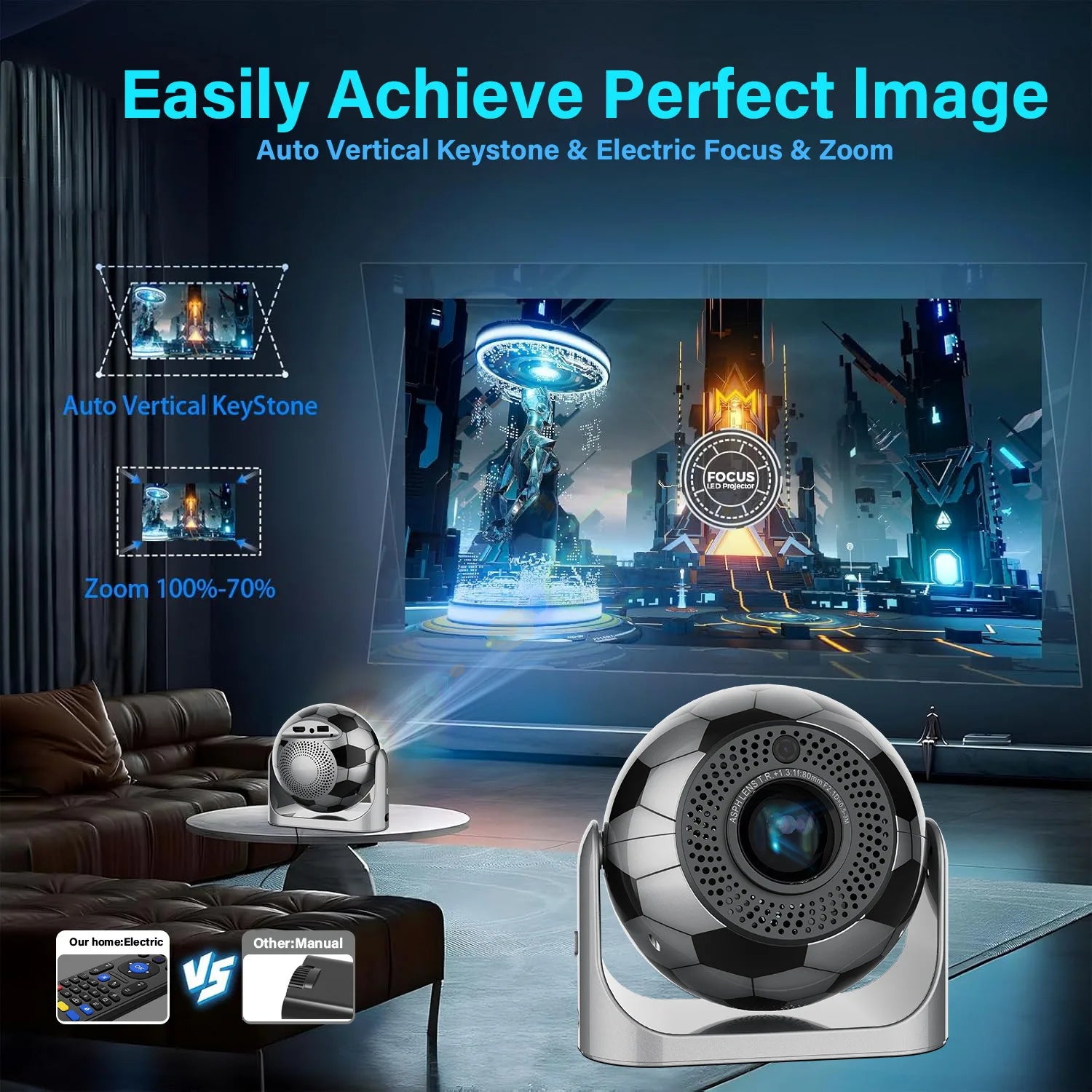 JY360 Auto Focus Football Design Video Projector 160 ANSI Smart Portable Projector with Built-in Speaker