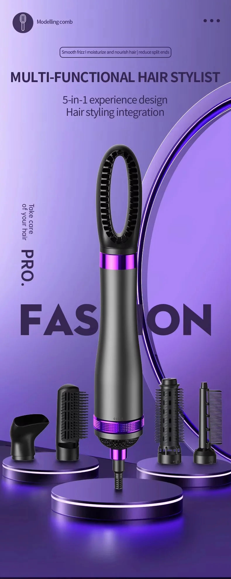 RE-2065 Professional Styler for Drying, Blow-drying, Straightening, Curling Hair - 5 in 1