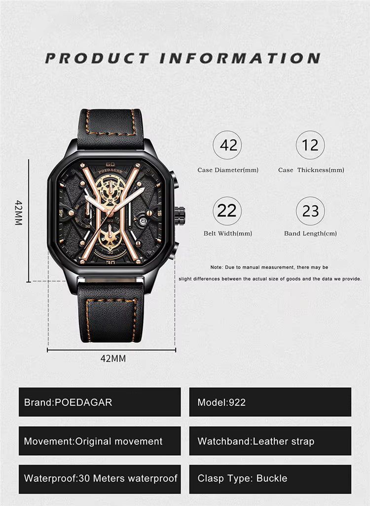 POEDAGAR 922 Muški Hronografski Sat | Kvadratni Dizajn, Kvarcni Mehanizam, Luksuzna Izrada