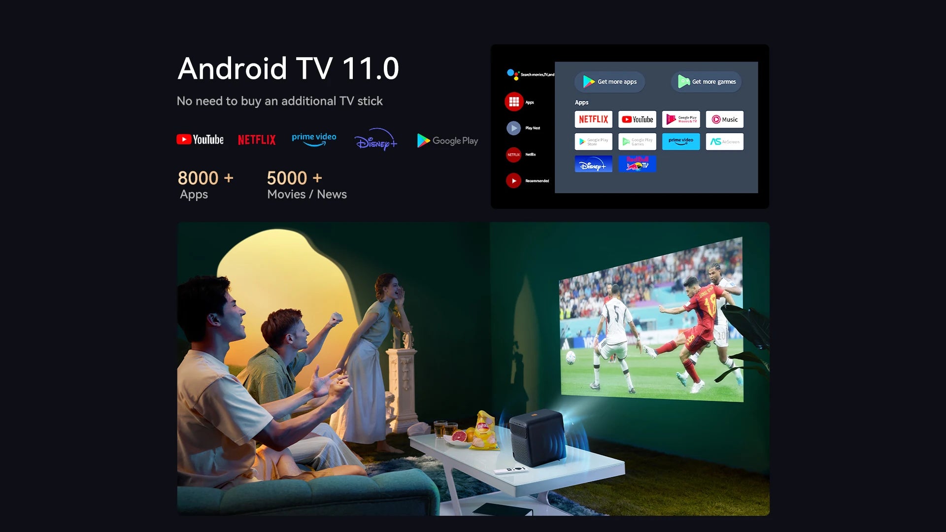 Wanbo Mozart 1 Pro projektor: Android TV 11.0, Google Assistant, Netflix, 1080P, 4K podrška, 900 ANSI lumena, Dual WiFi, DRM L1 certifikat