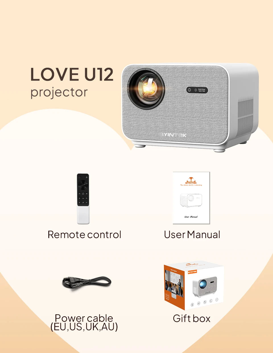 BYINTEK LOVE U12 Full HD 1080P projektor | Podrška za 4K | 800 ANSI lumena | WiFi 6 i Bluetooth 5.2 | Android kućno kino