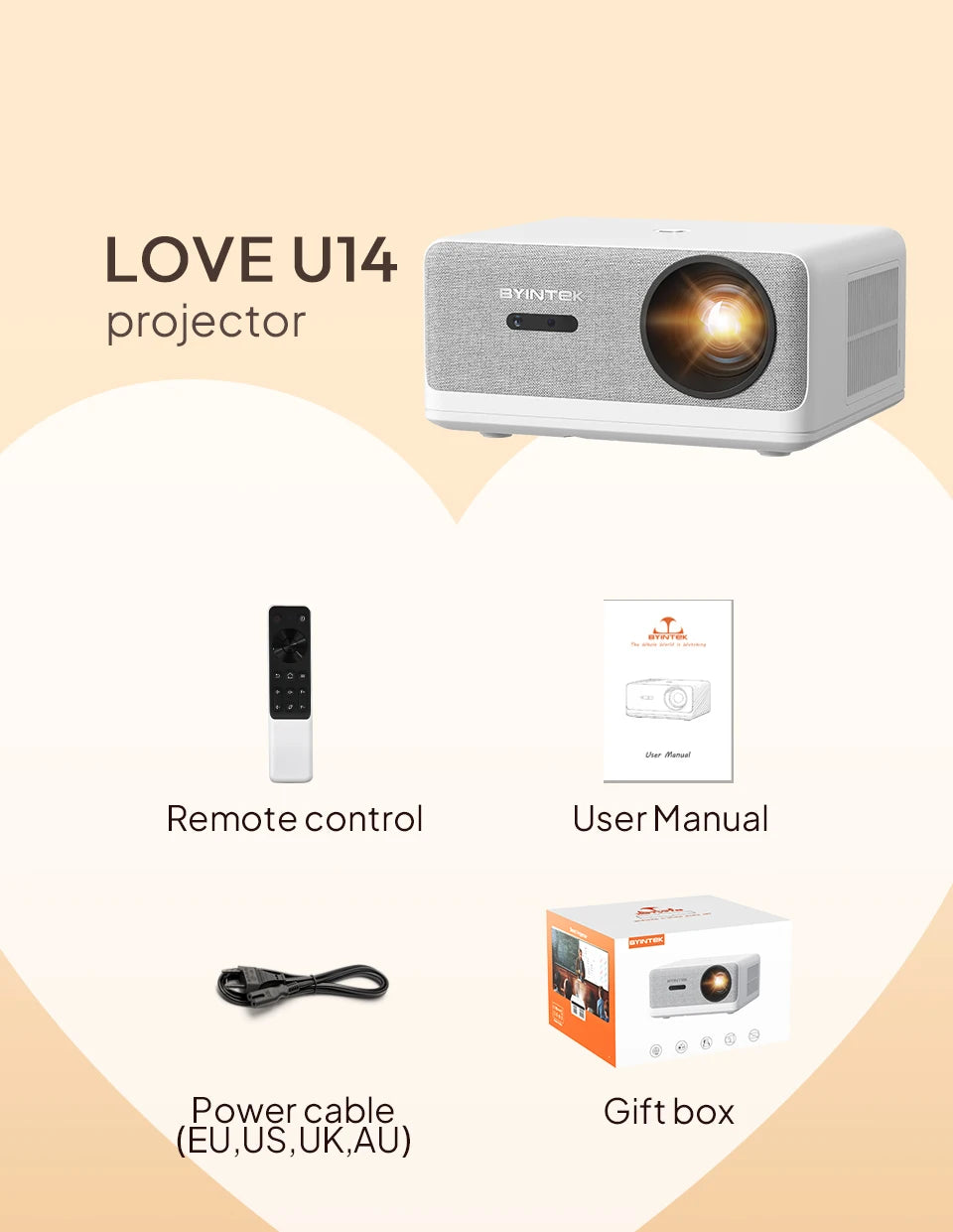 BYINTEK LOVE U14 4K pametni projektor - 1250 ANSI lumena, Full HD 1080P, WiFi 6, Bluetooth, auto fokus, spreman za kućno kino 