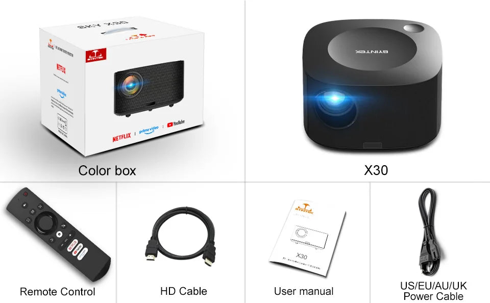 BYINTEK X30 1080P Full HD Pametan Projektor - Licenciran za Netflix, AI Automatsko Fokussiranje, Dolby Audio, WiFi LCD LED Sistem Kućnog Bioskopa