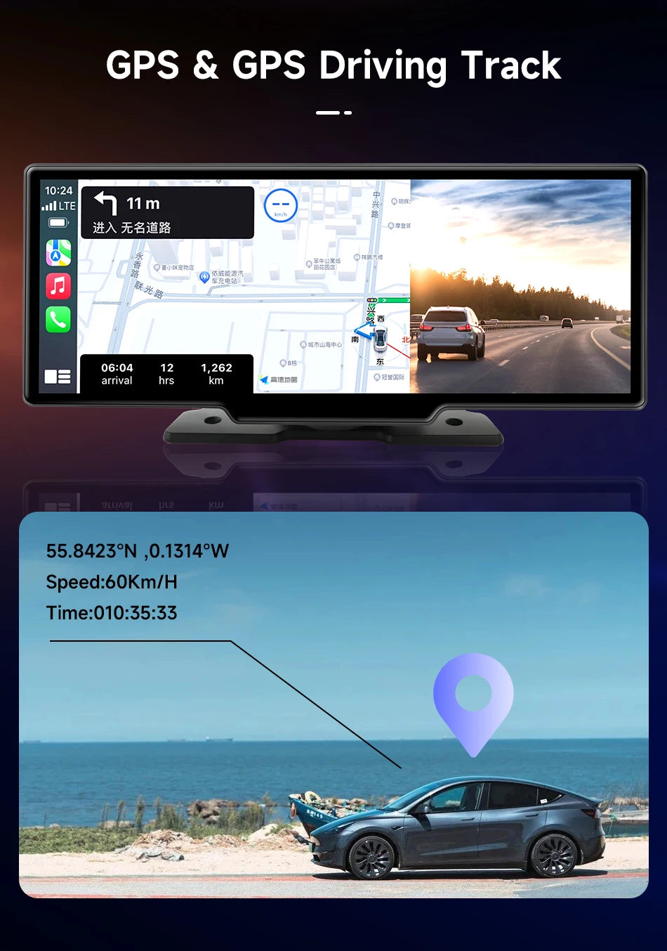 4K Dash Cam 3840x2160P - Video snimanje, bežični CarPlay &amp; Android Auto, 5G WiFi, GPS navigacija, AUX, DVR za automobil s dvije leće