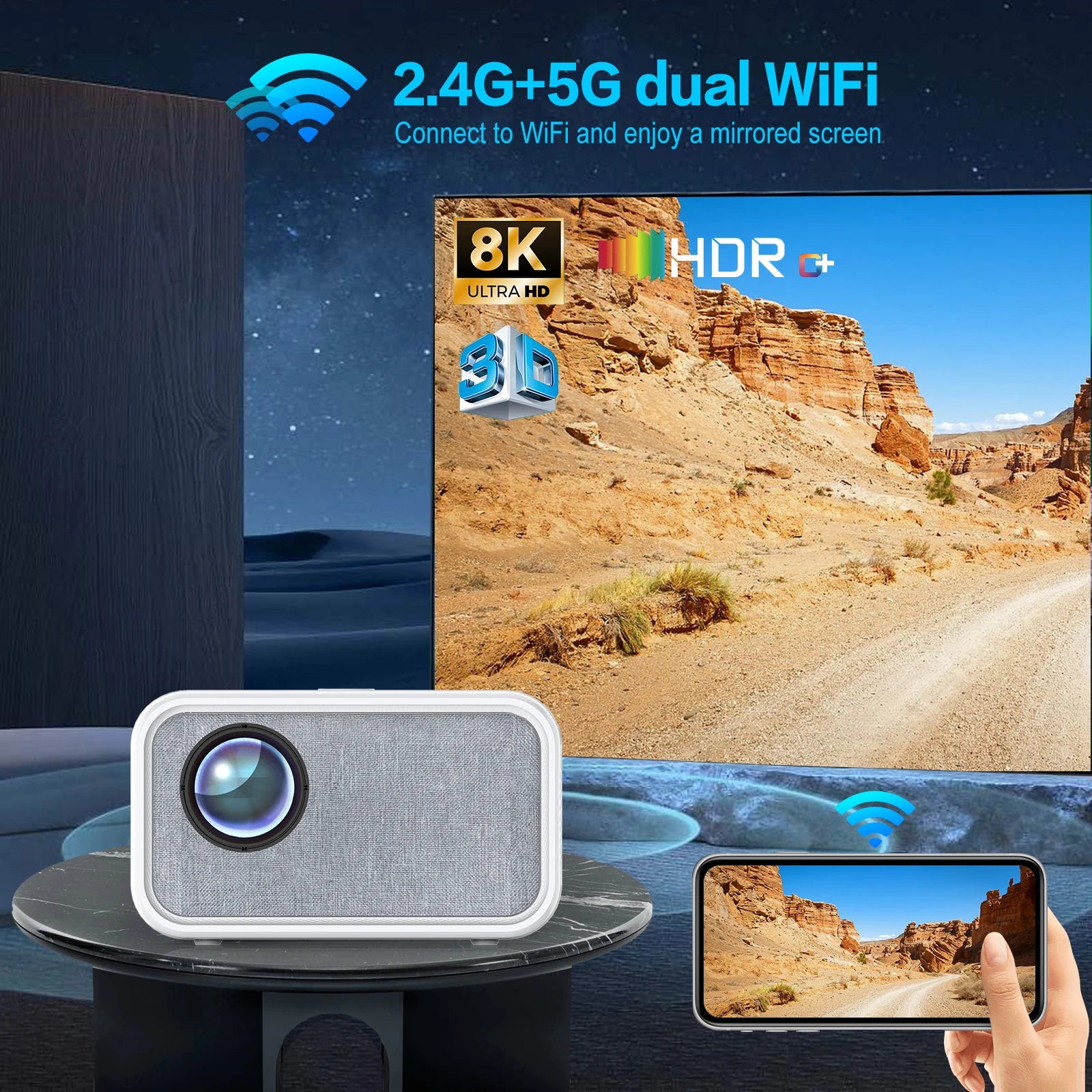 Tripsky T5 vanjski projektor| 4K, 300 ANSI lumena, prijenosni Android Smart LED, Bluetooth 5.0 za kućno kino