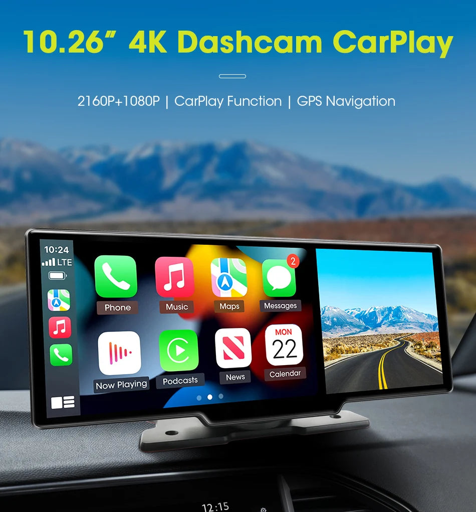 4K Dash Cam 3840x2160P - Video snimanje, bežični CarPlay &amp; Android Auto, 5G WiFi, GPS navigacija, AUX, DVR za automobil s dvije leće