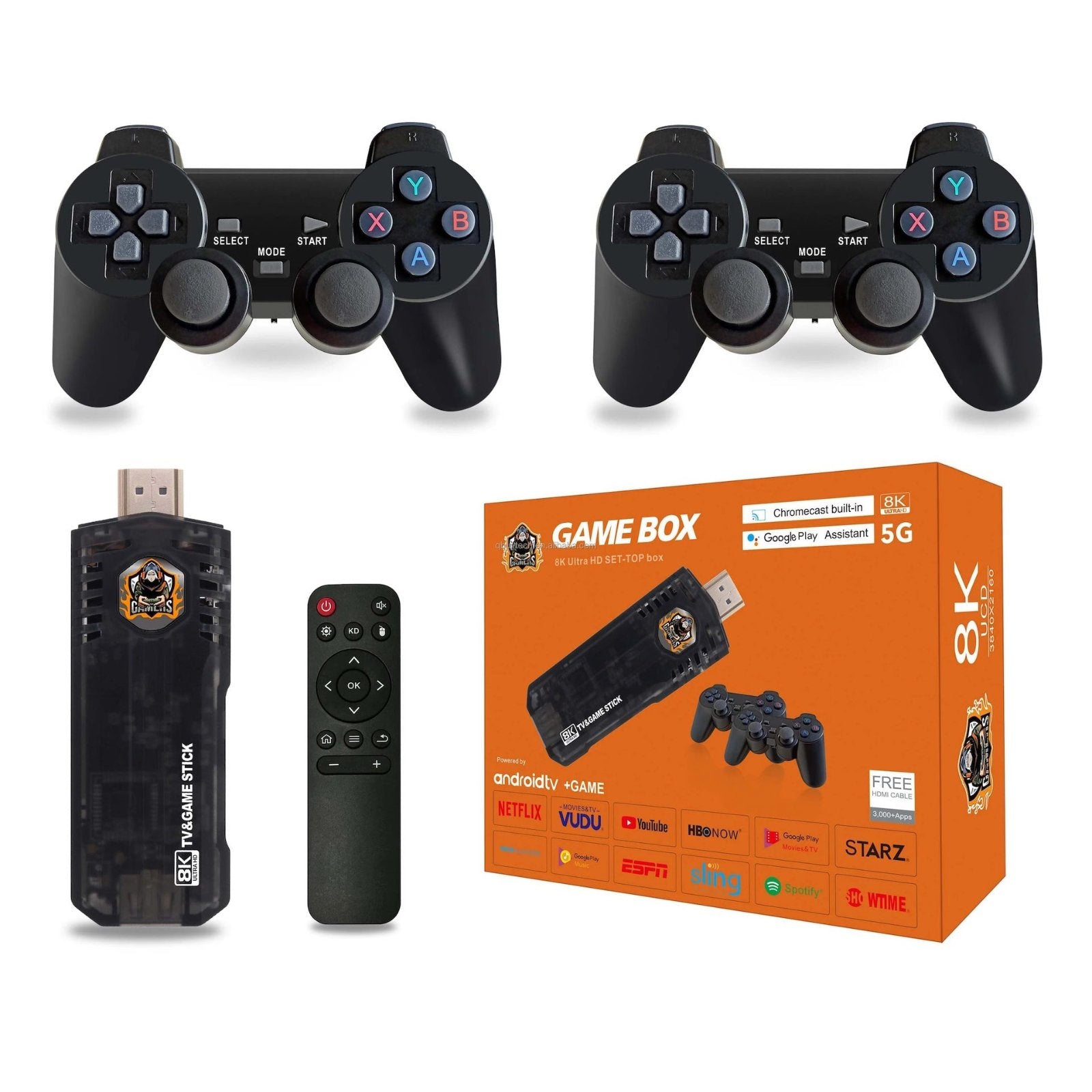 Game TV Stick X8: Android 10 Dual OS, 4K HDMI izlaz, i preko 10000 igara sa 2.4G bežičnim gejming džojstikom.