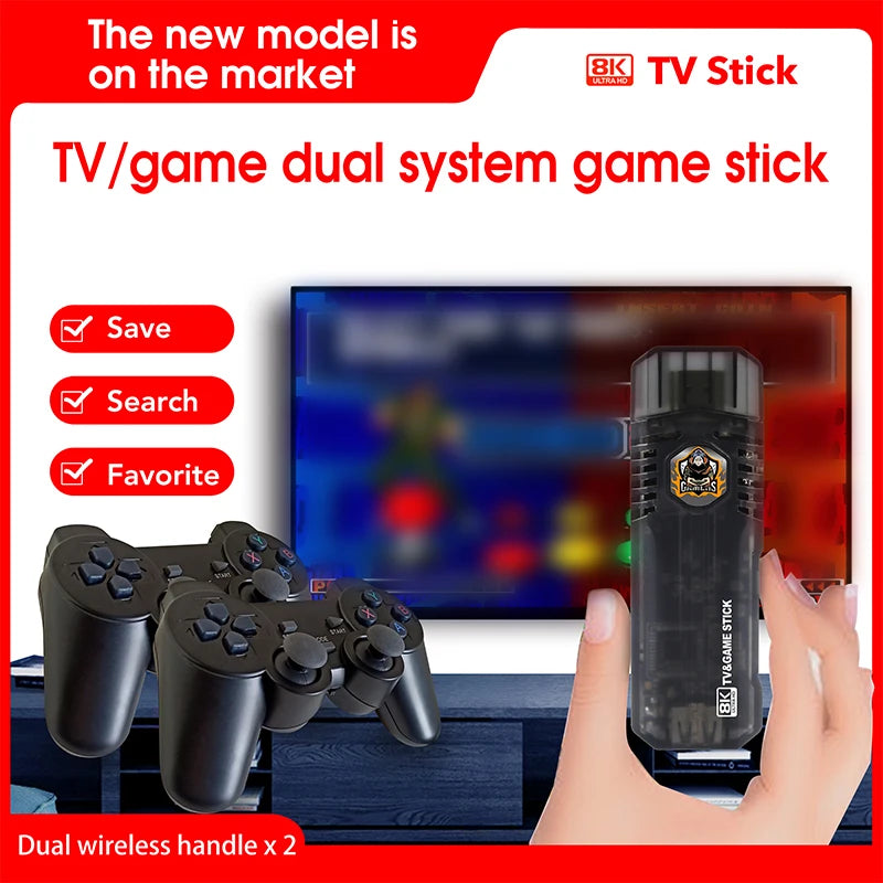 Game TV Stick X8: Android 10 Dual OS, 4K HDMI izlaz, i preko 10000 igara sa 2.4G bežičnim gejming džojstikom.