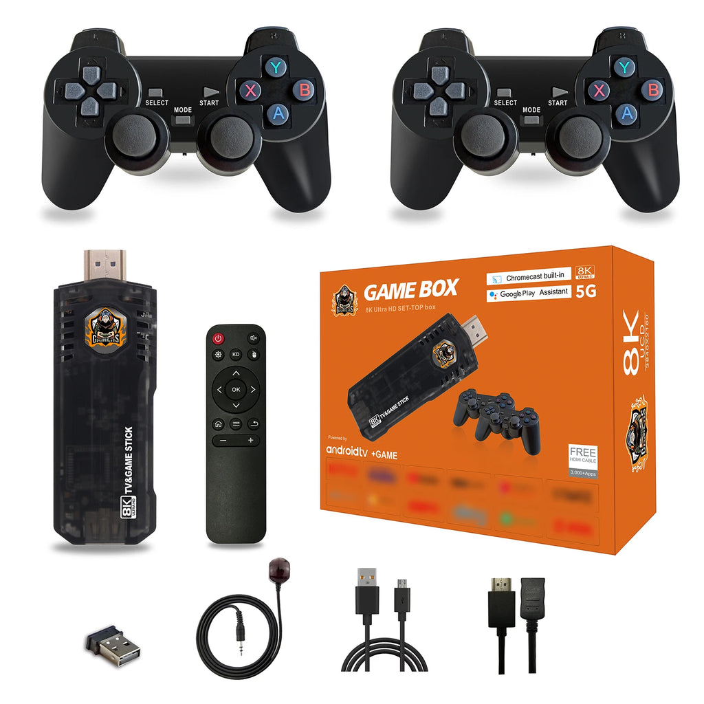 Game TV Stick X8: Android 10 Dual OS, 4K HDMI izlaz, i preko 10000 igara sa 2.4G bežičnim gejming džojstikom.