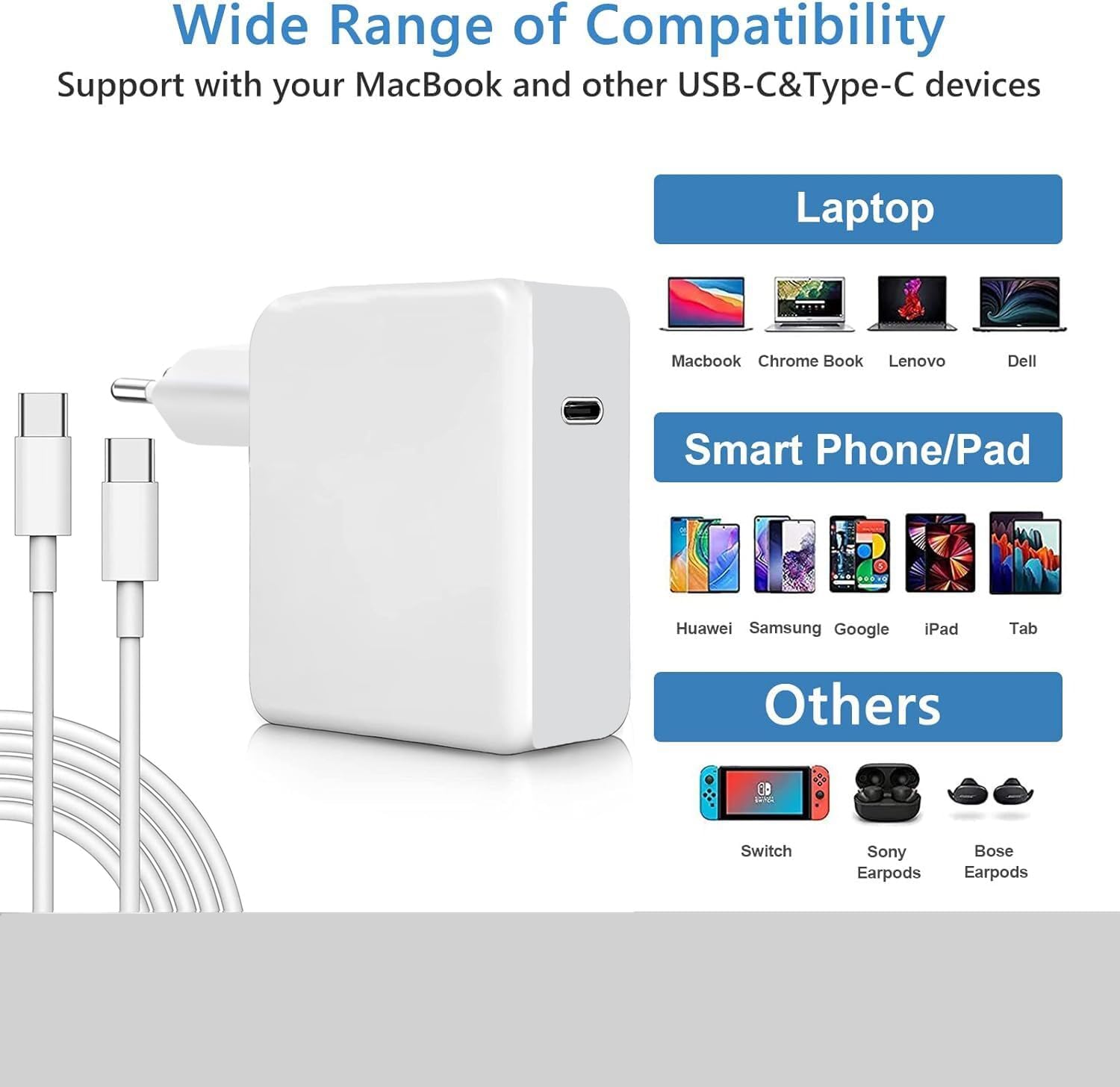 NRG+ Brzi punjač USB-C Tip C naponski adapter sa 2M USB-C do USB-C punjač kablom za MacBook Pro.